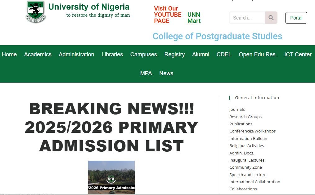 UNN Admission List 2025/2026 (Primary Admission List)
