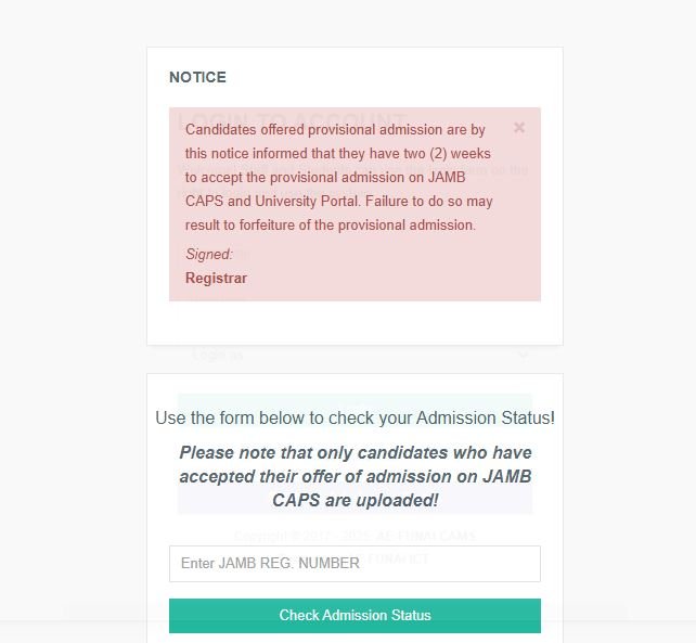 FUNAI Admission Status on FUNAI Portal
